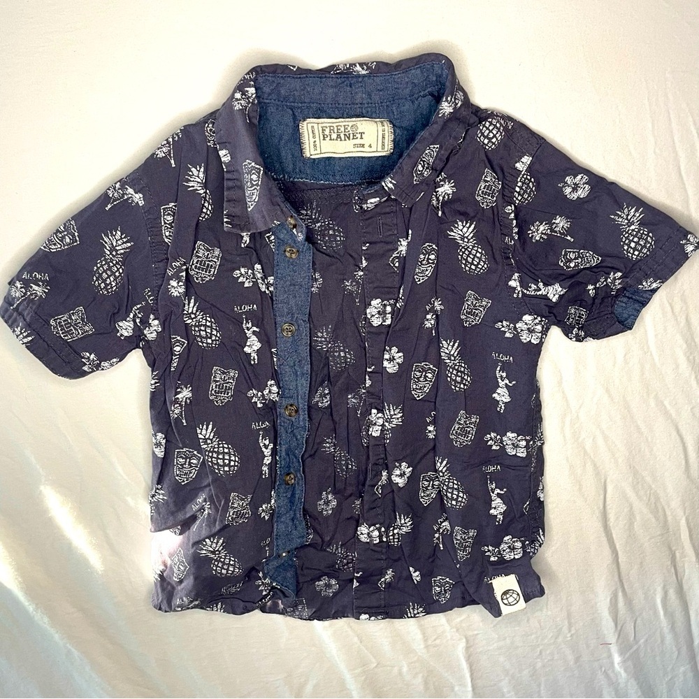 Free Planet 4T Navy Blue Hawaiian Button Down Shirt 100% Cotton PRELOVED
